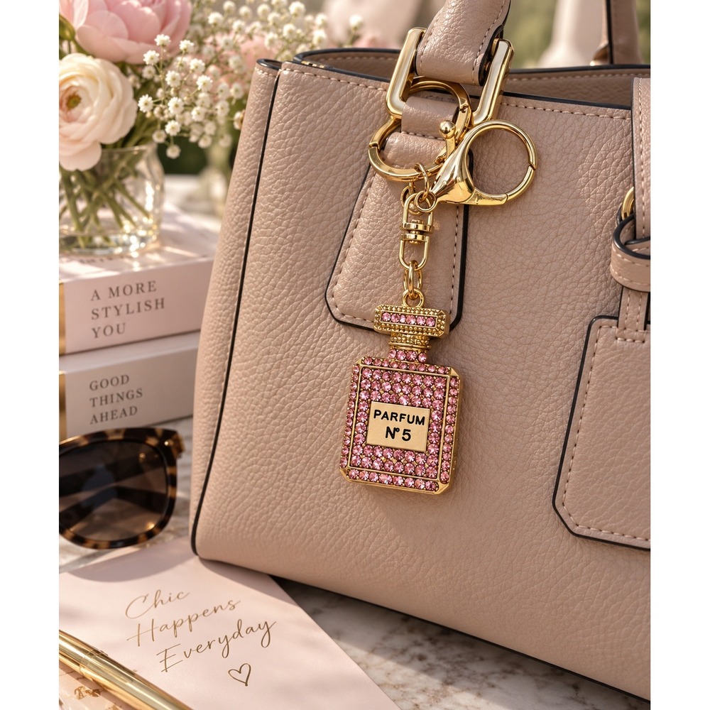 Pink Rhinestone Perfume Bottle Keychain Gold Tone Parfum No 5 Bag Charm New